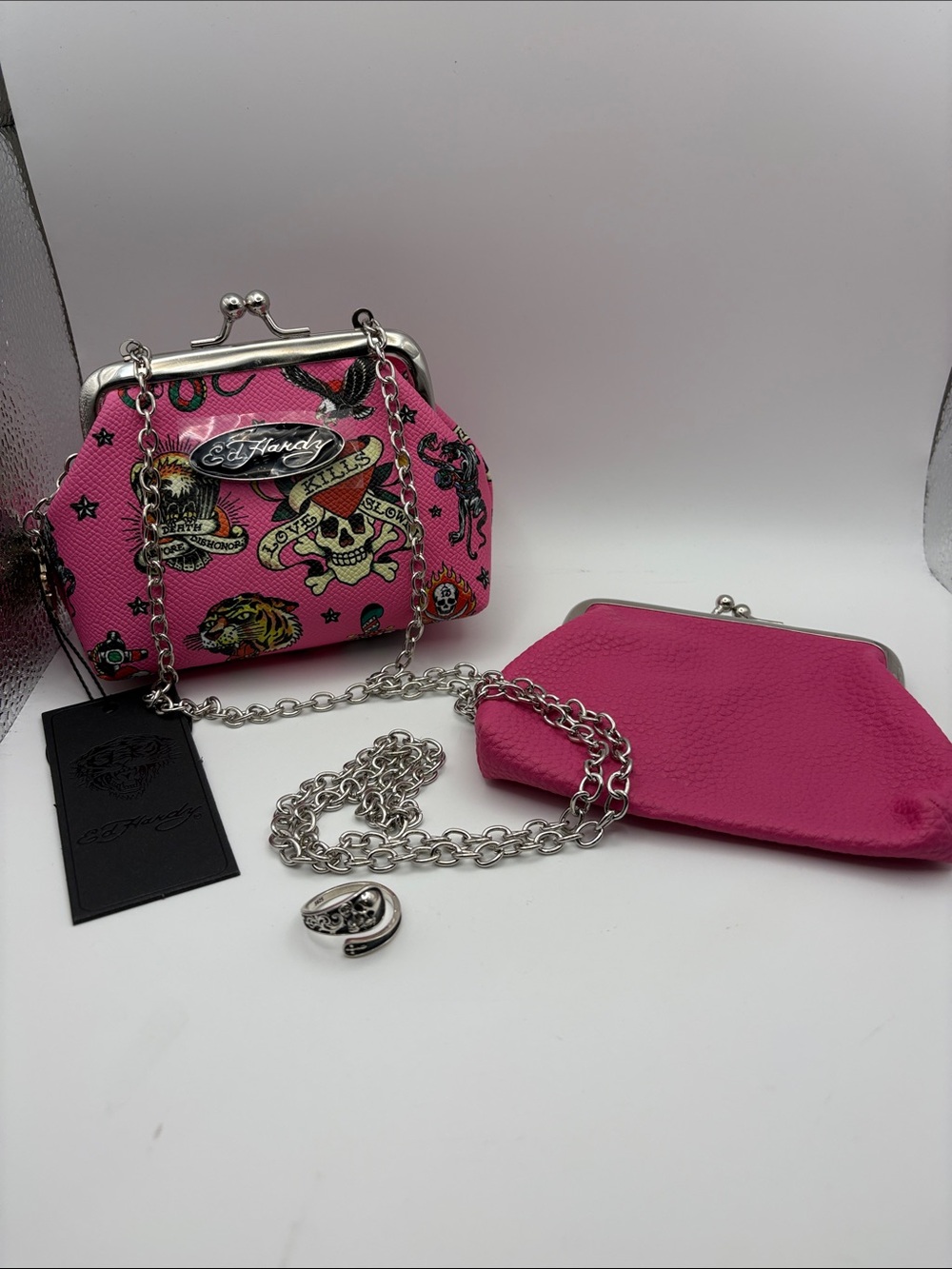 Mini Ed Hardy Tattoo-Print Kisslock Chain Purse with Coin Pouch and S925 Ring
